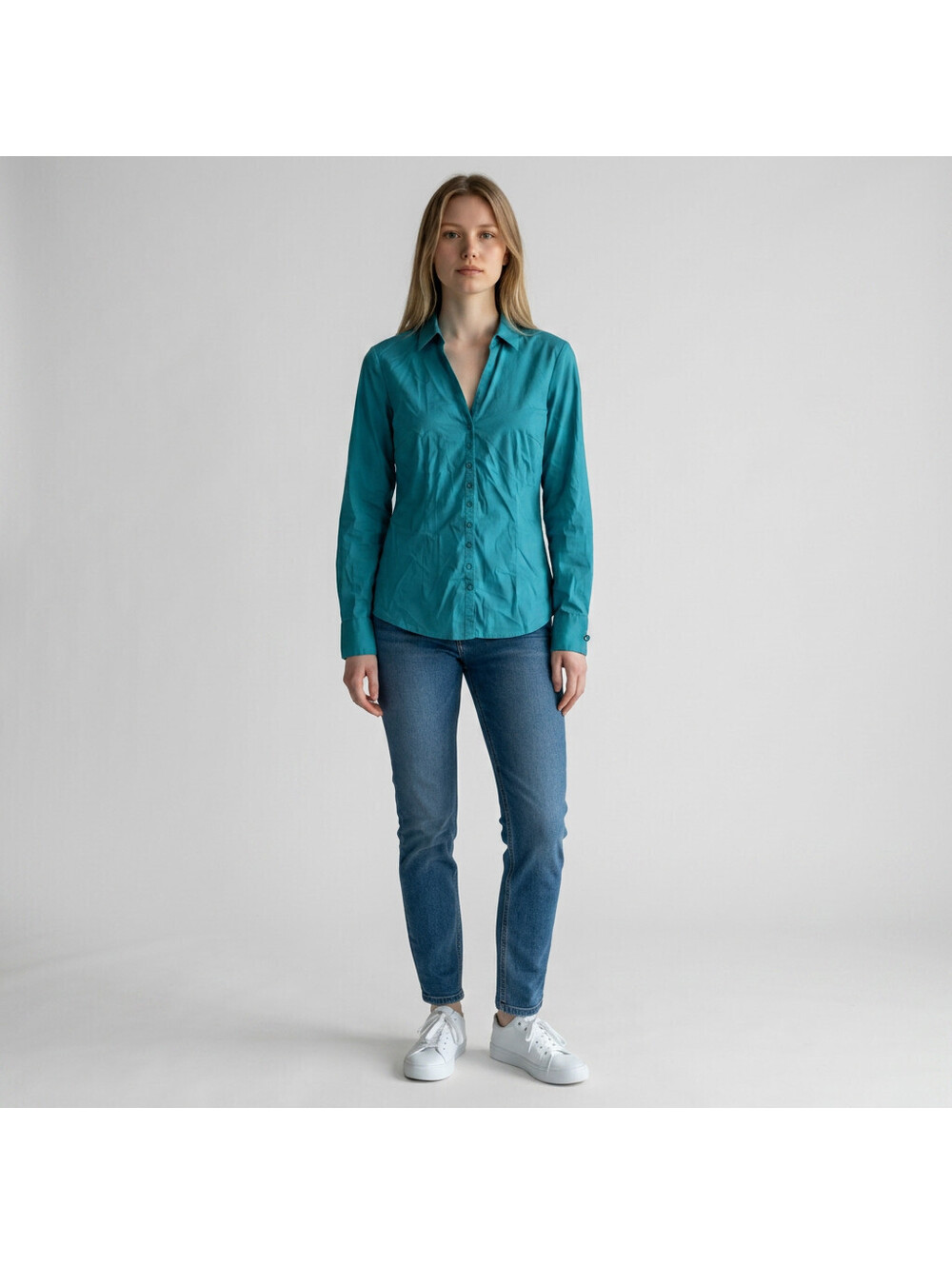 New 7th Avenue Shirt Women L Large Blue Button Up Collared Long Sleeve Cotton